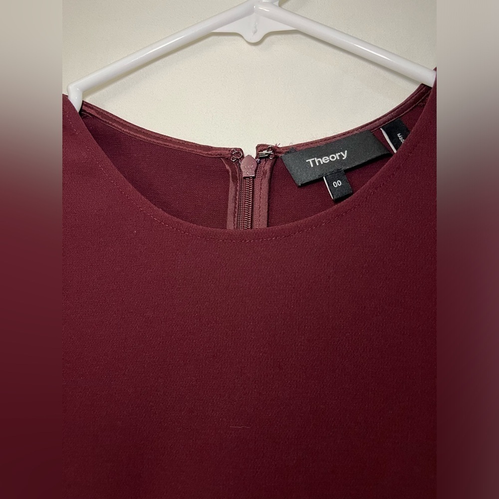 Theory Burgundy Admiral Crepe Fit & Flare Shirt Sleeve Round Neck Dress Sz 00 - Picture 6 of 16